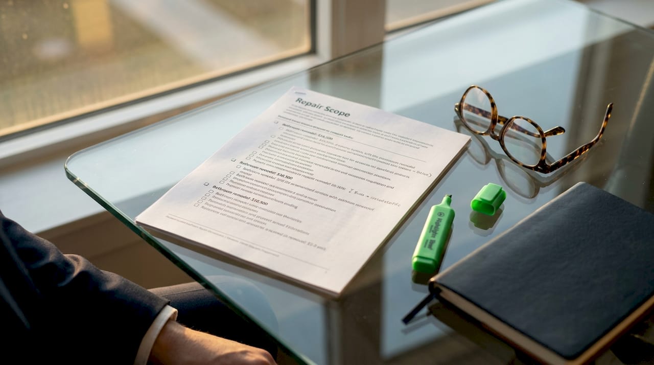 Detailed repair scope document with annotations