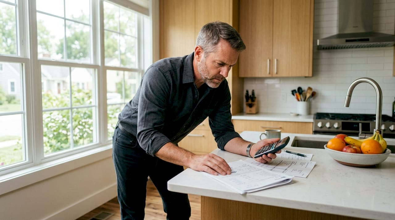 Investor calculating property after-repair value with papers