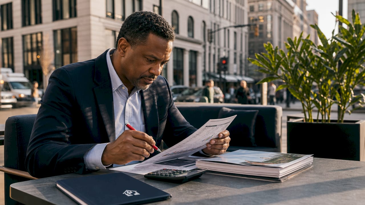 Investor reviewing real estate risk reports