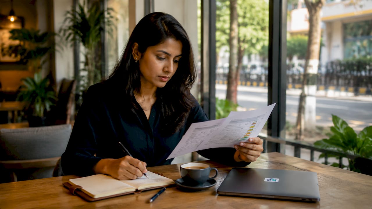 Professional analyzing risk indicators at office desk