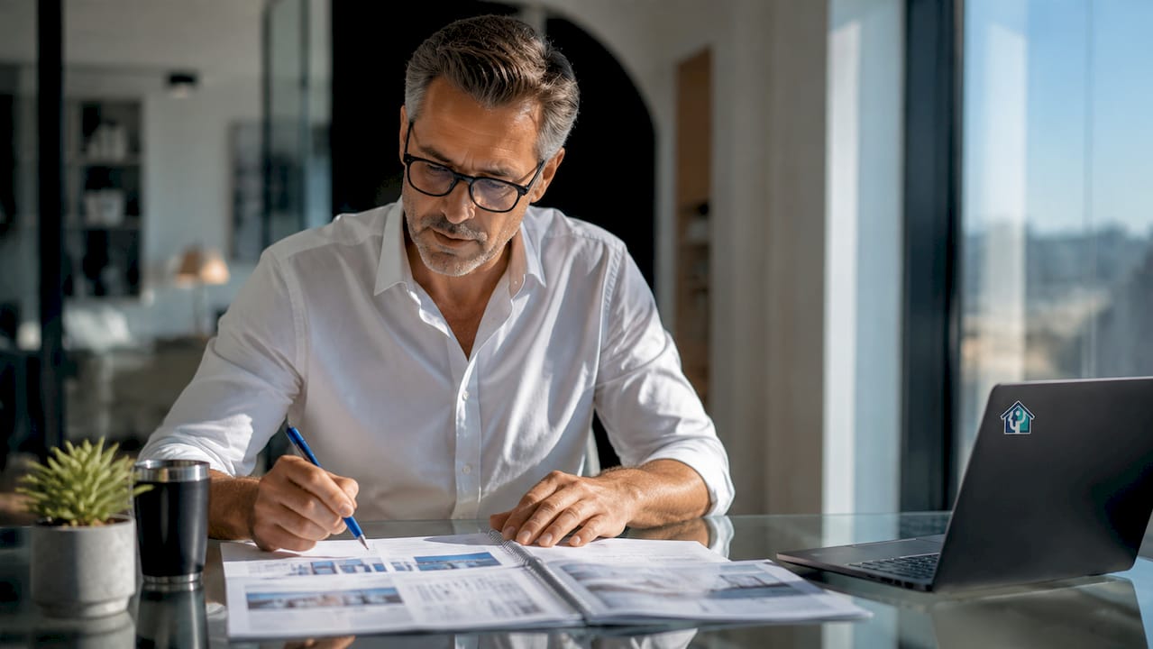 Investor reviewing property investment documents at home