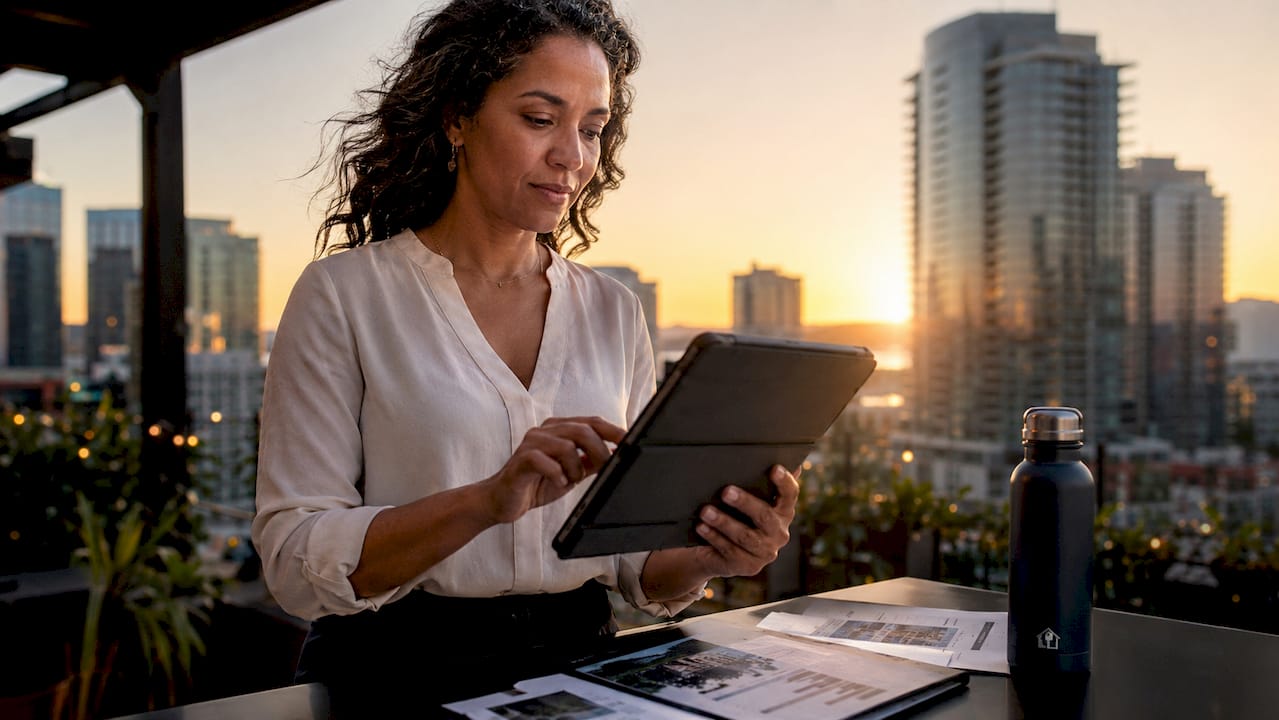 Investor using digital devices for property analysis