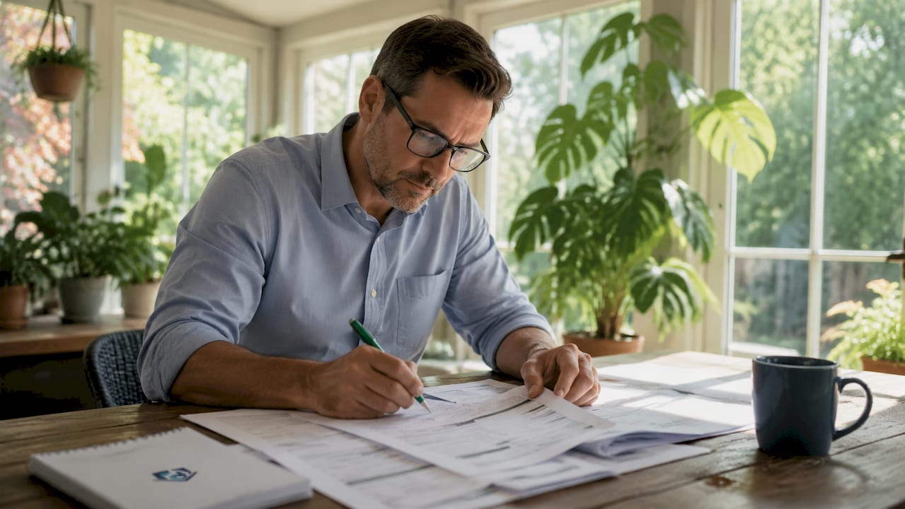 Investor reviewing printed contractor bids at table