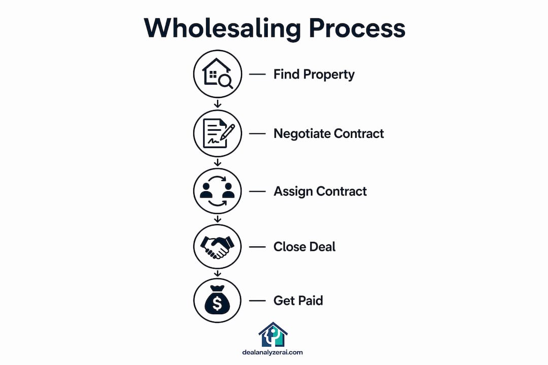 Infographic illustrating steps of real estate wholesaling process
