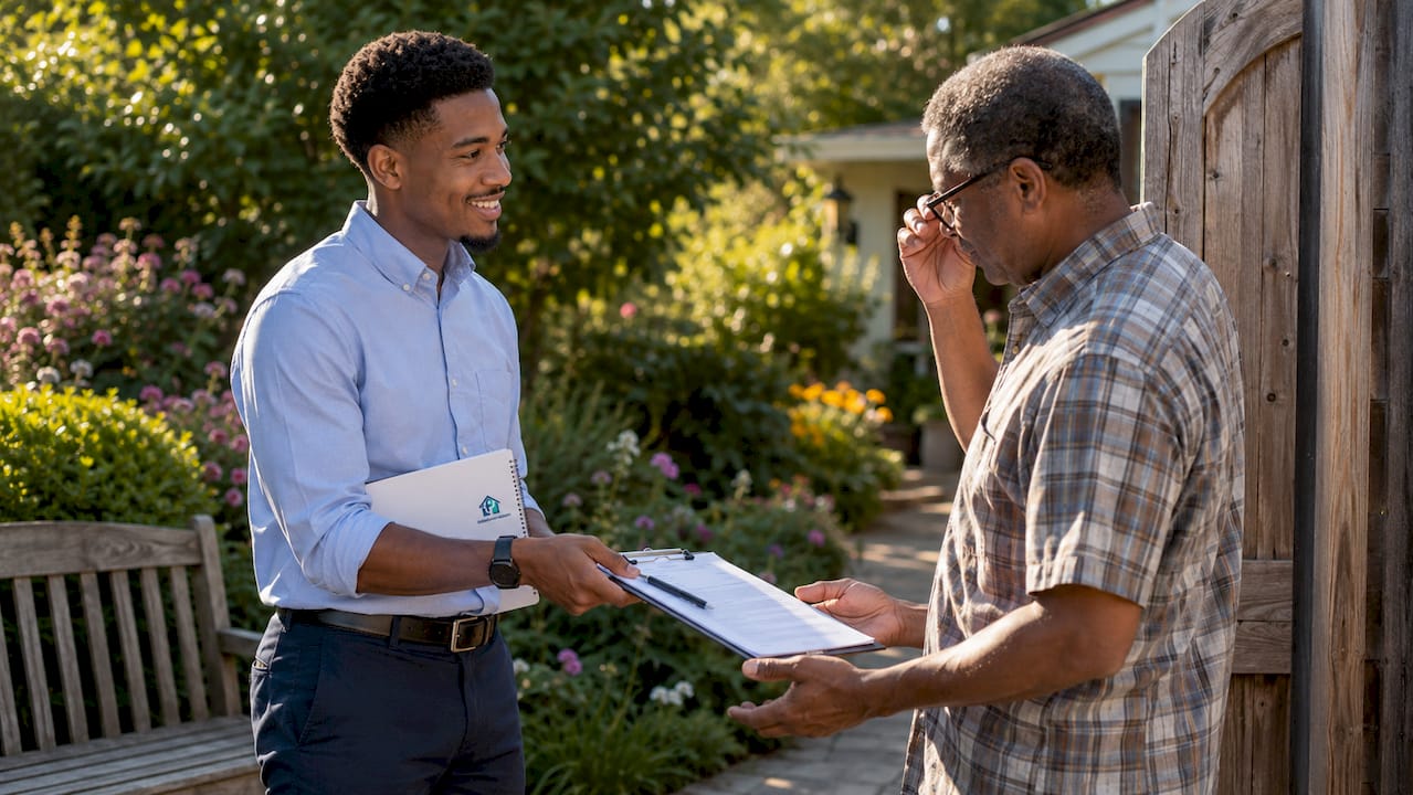 Man presenting contract offer to homeowner at front door