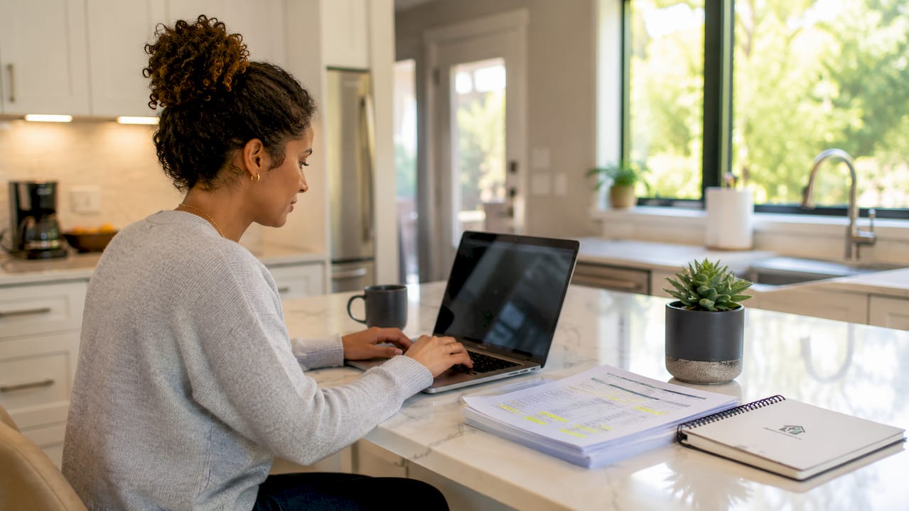 Analyst’s hands at laptop and financial worksheet