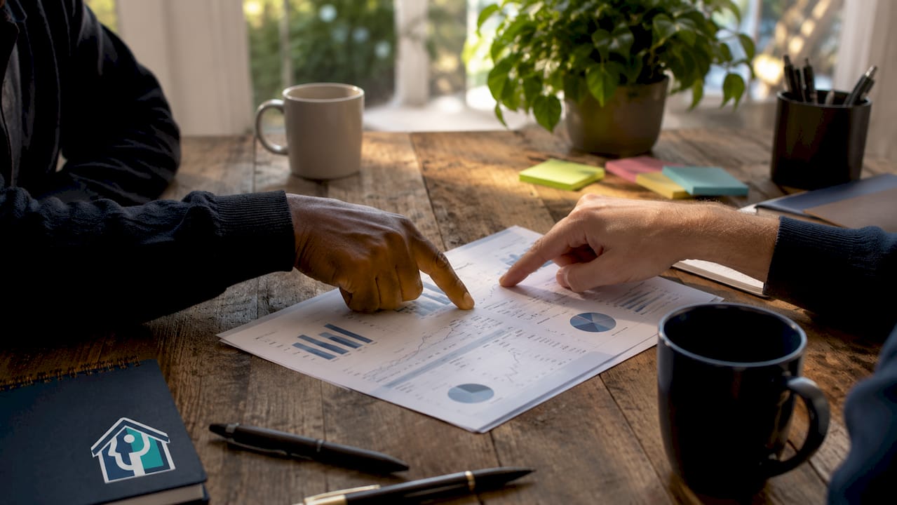 Close-up hands analyzing financial report on table