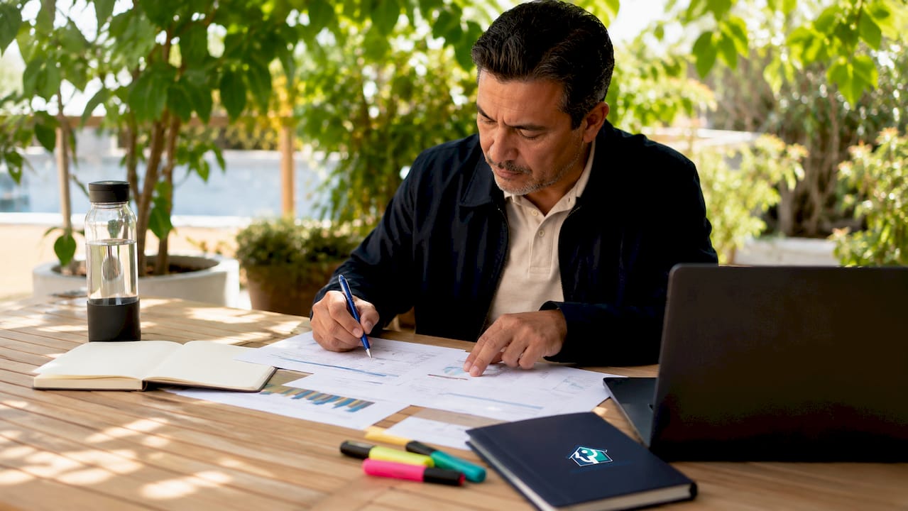 Investor reviewing real estate deal papers in home office
