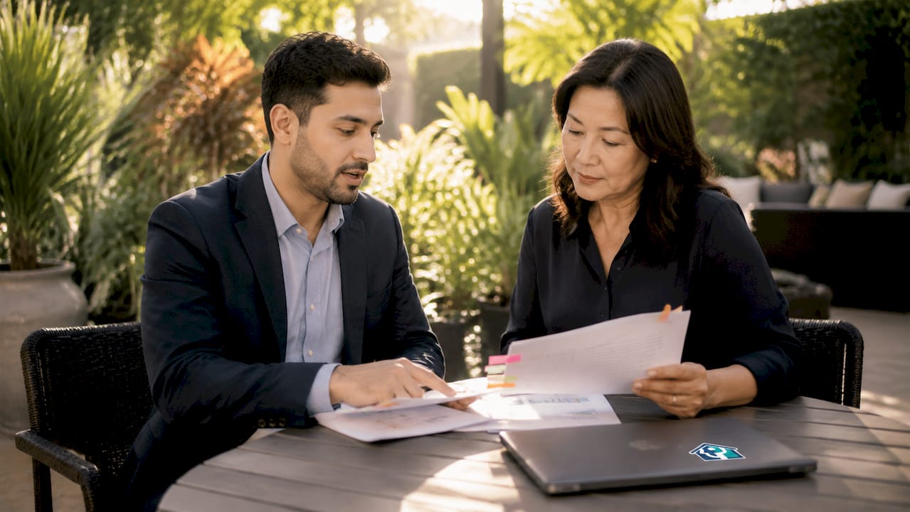 Two professionals collaborating over property strategy documents