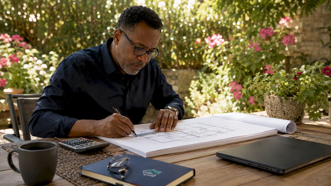 Investor measuring property square footage at desk