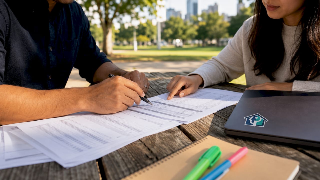 Hands collaborating on rental documents