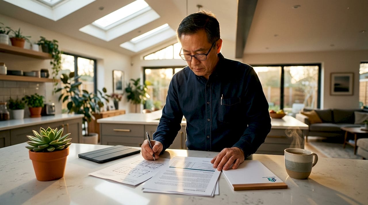Investor reviewing property analysis documents in home office
