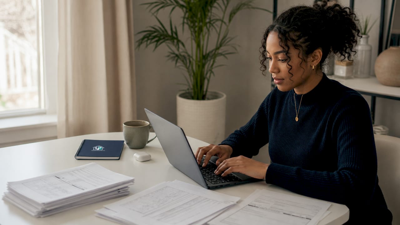 Woman uploading property deal documents on laptop