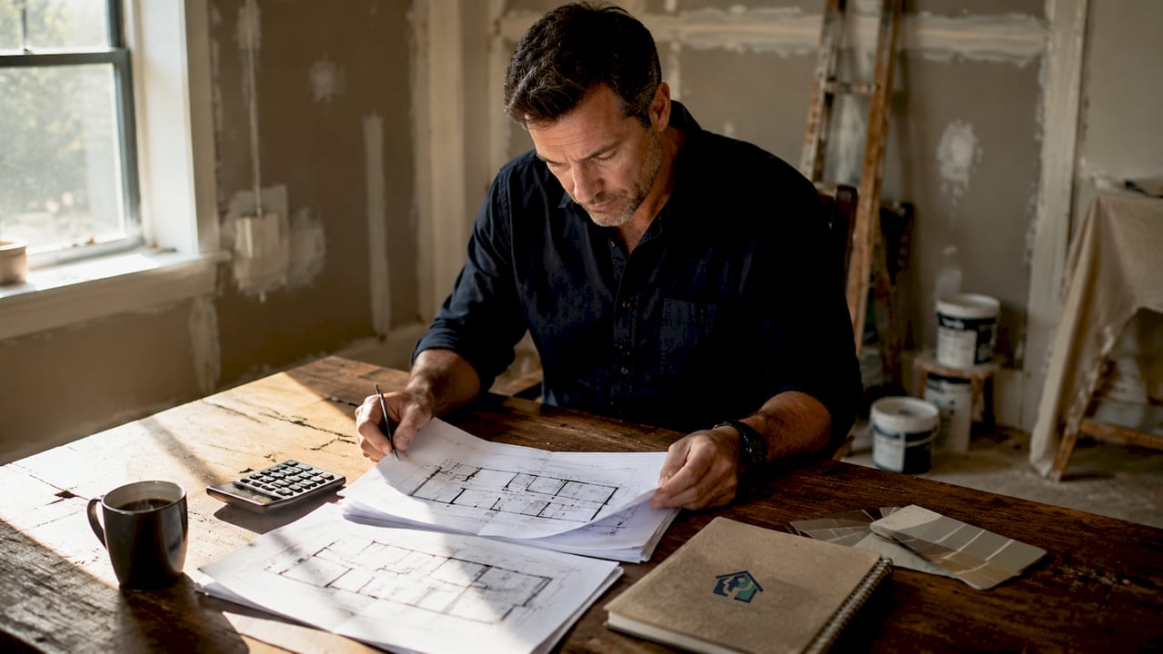 Investor reviewing BRRRR renovation plans at kitchen table