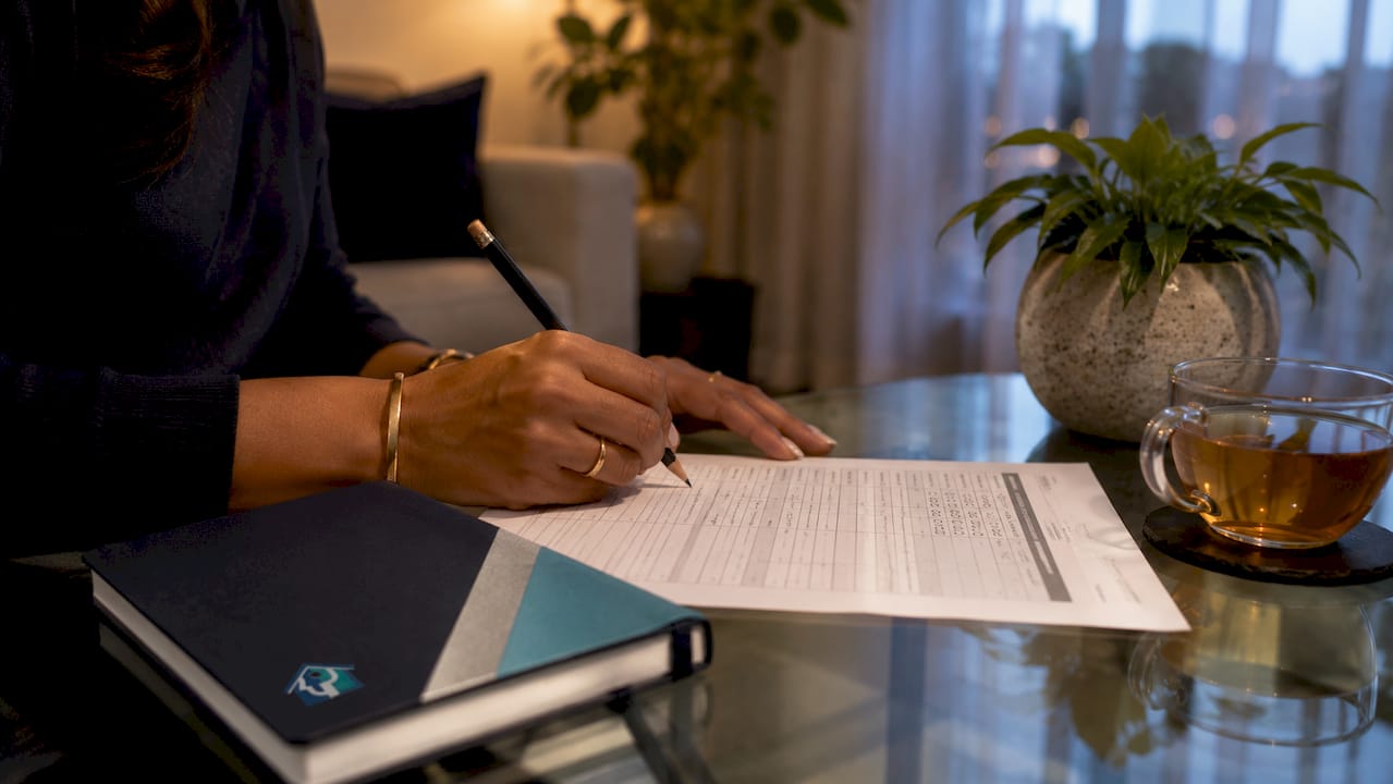 Hands calculating rehab budget on worksheet