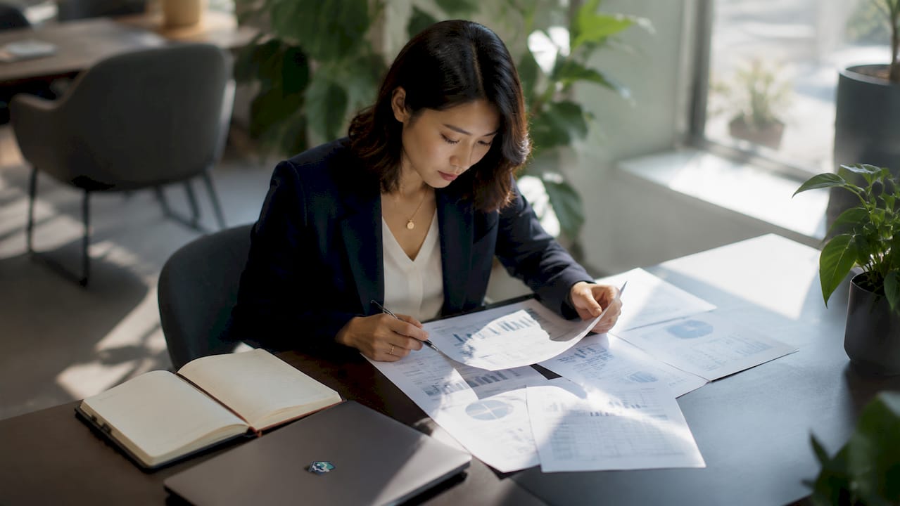 Investor reviewing real estate documents at desk