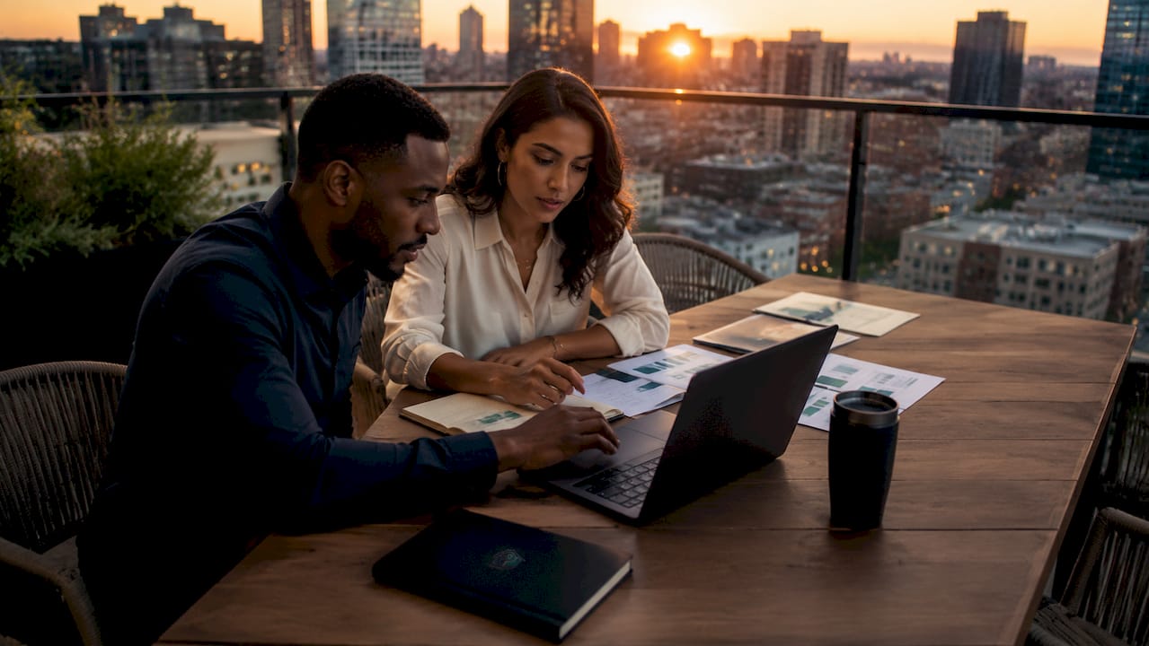 Two investors discussing real estate deals at coworking table