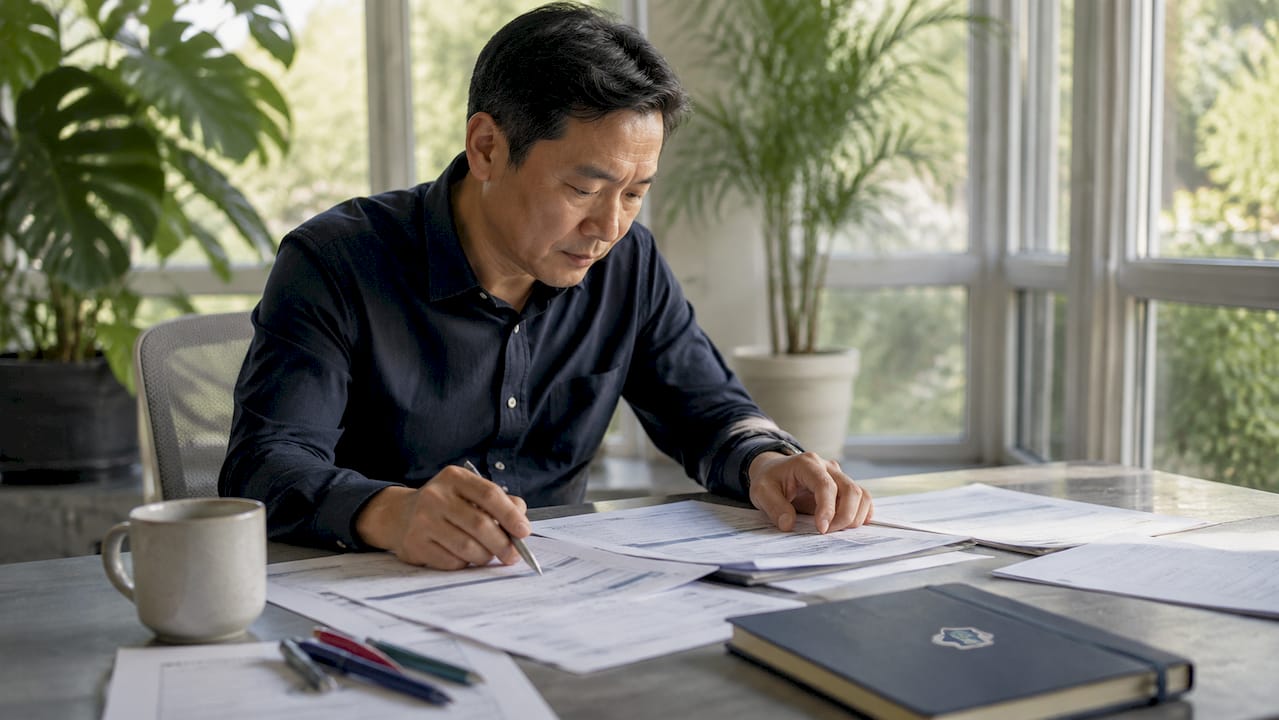 Investor reviewing property criteria lists at home desk