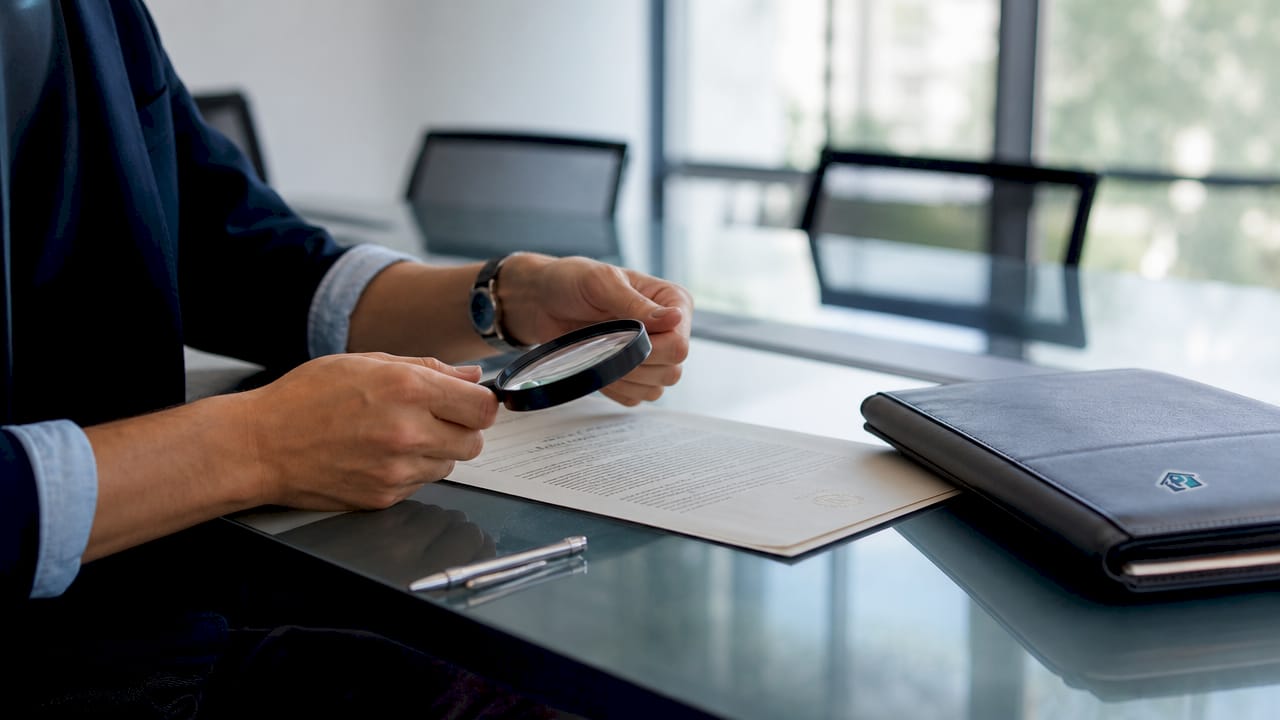 Hands examining legal property documents with magnifier