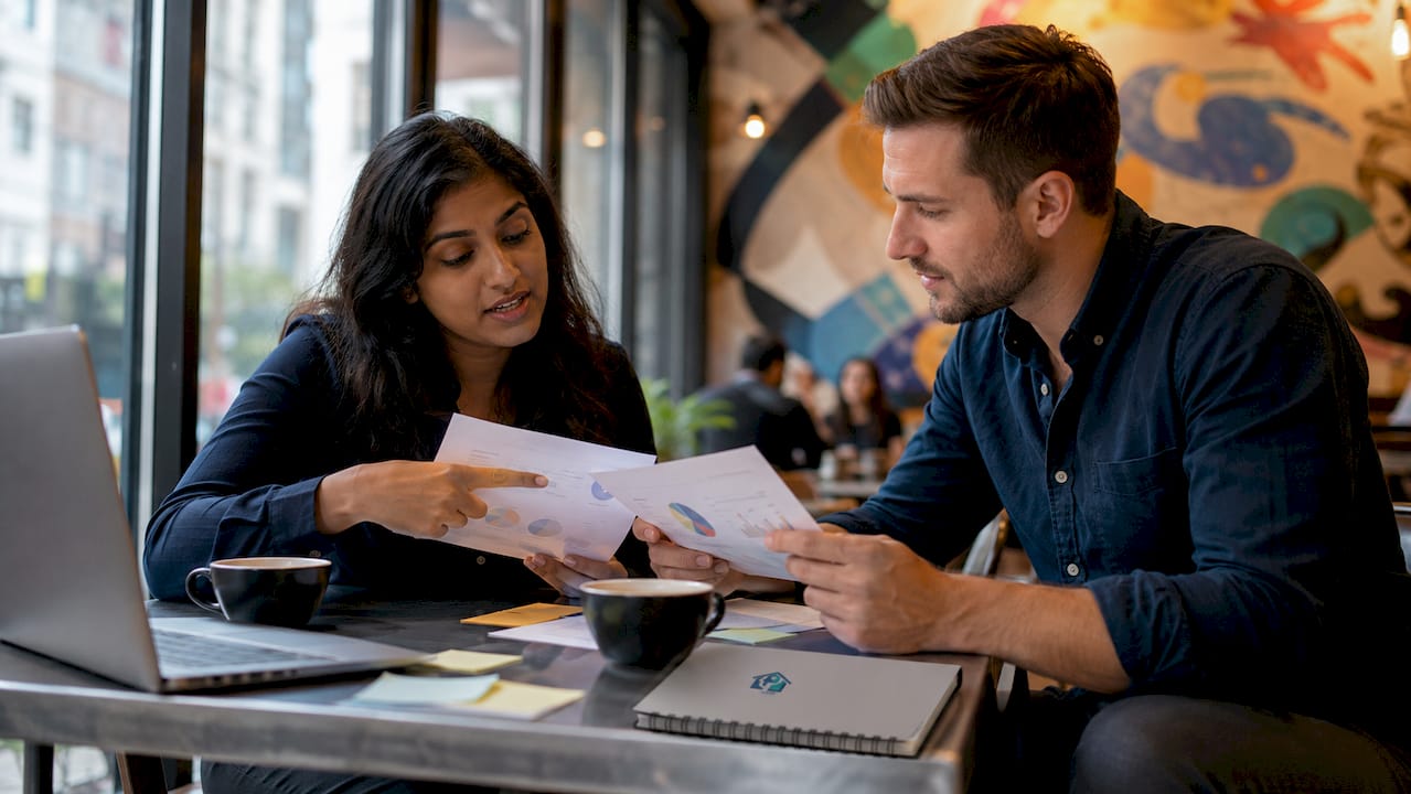 Two investors discussing real estate biases at table
