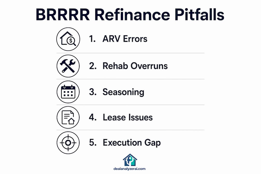 Infographic showing 5 common BRRRR refinance pitfalls as vertical steps