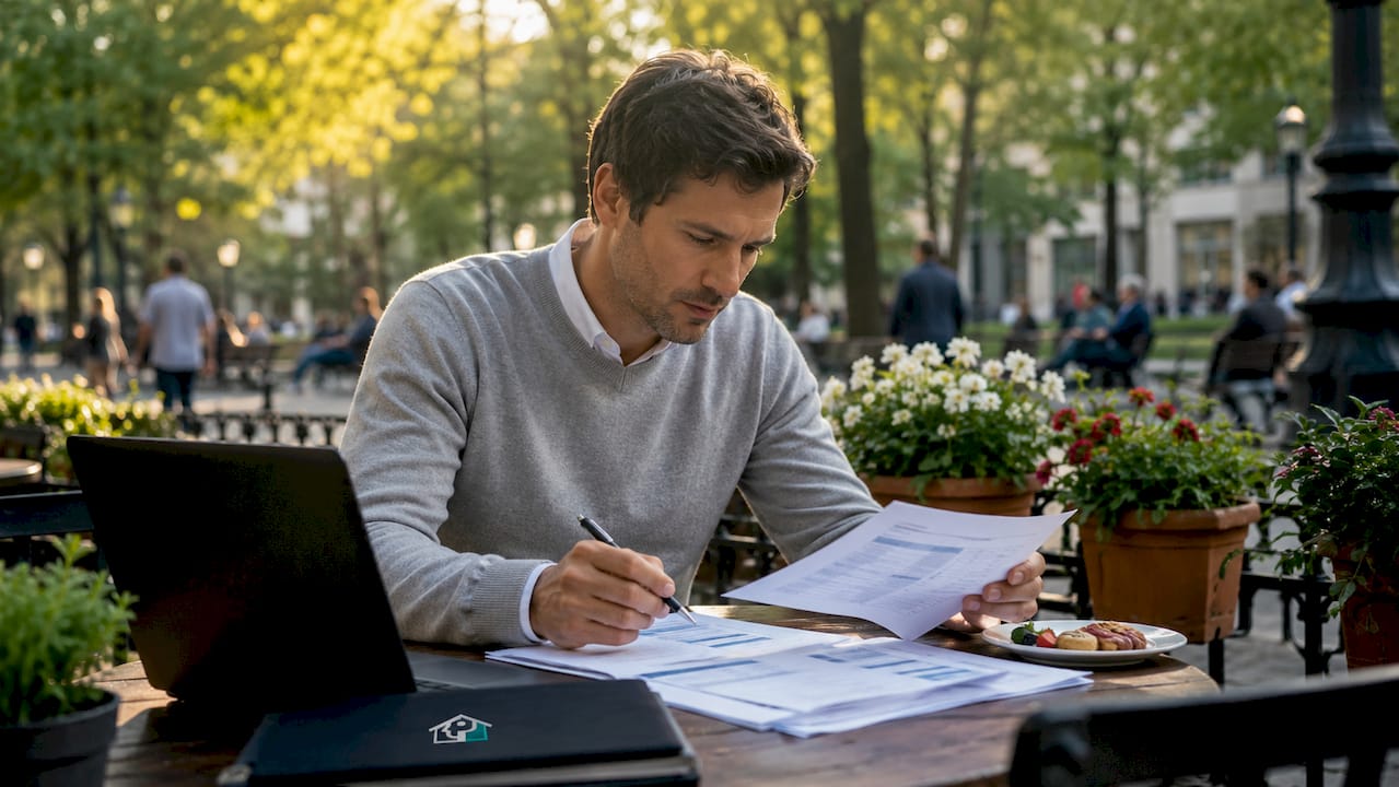 Investor reviewing rental income estimates at balcony table