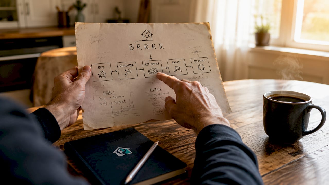 Investor hands pointing at BRRRR method flowchart