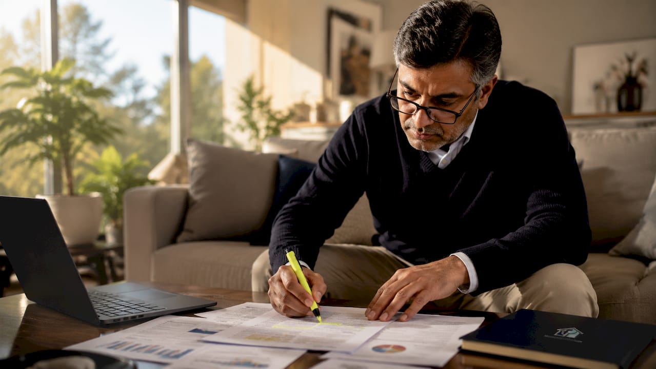 Investor reviewing real estate investment papers