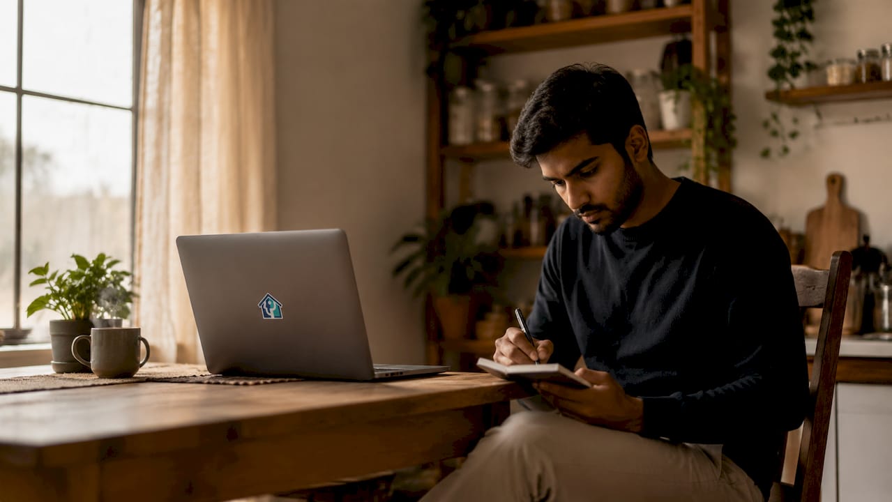 Investor working on spreadsheets at home office