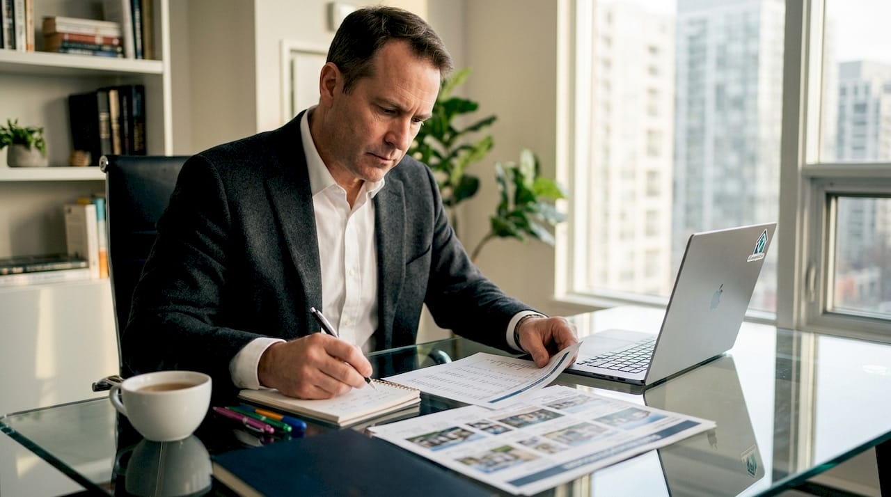 Investor reviewing property pricing documents