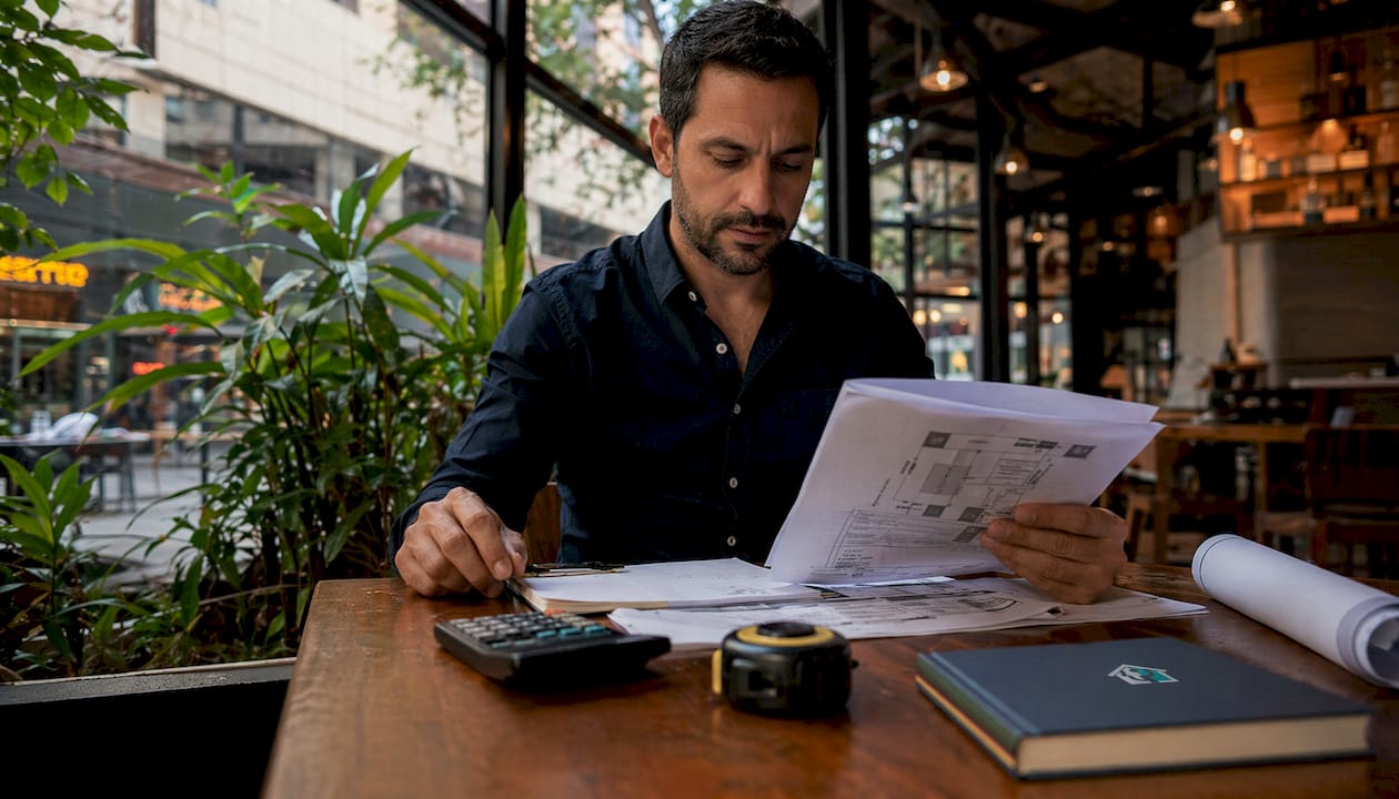 Investor reviewing property valuation documents at kitchen table