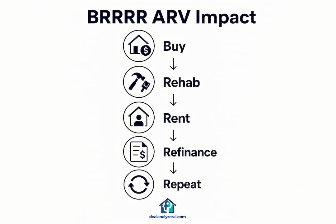 Infographic illustrating the BRRRR investment stages impacted by ARV