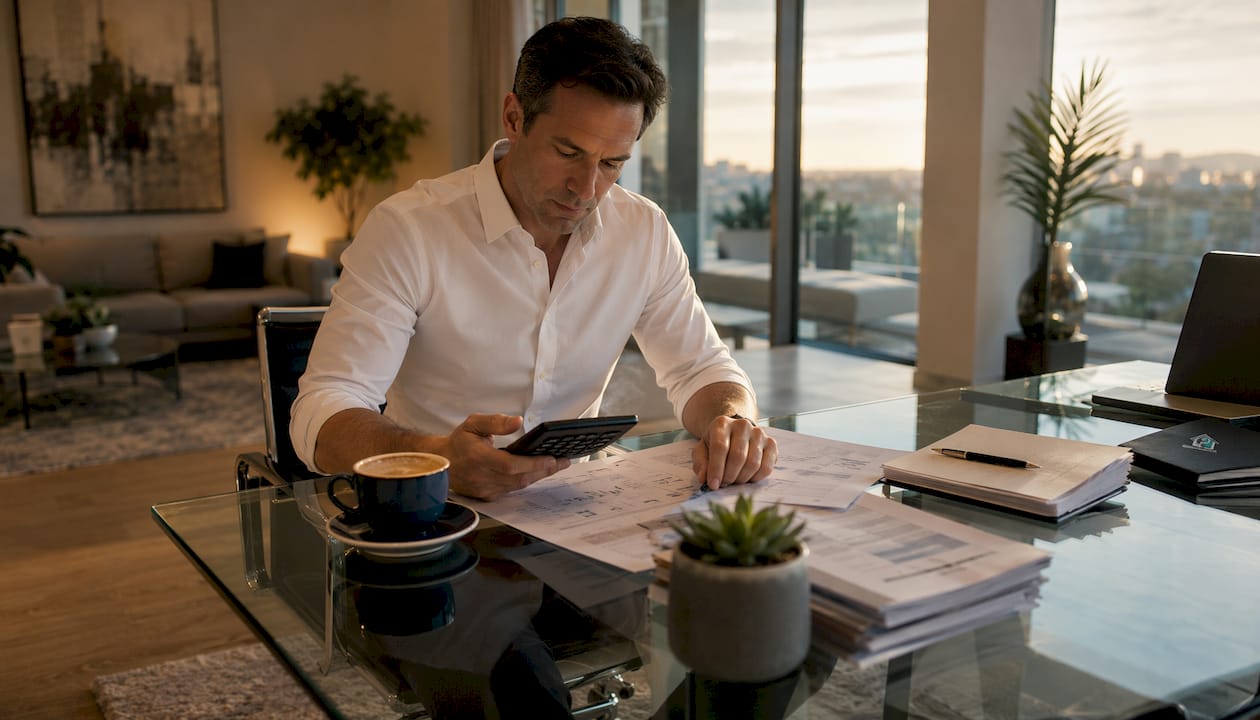 Investor analyzing financial documents at desk