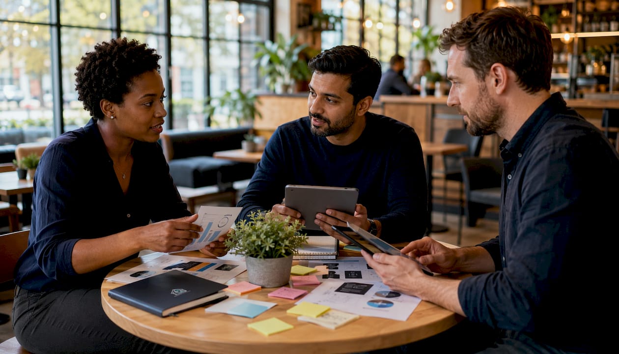Team discussing AI platform features and pricing