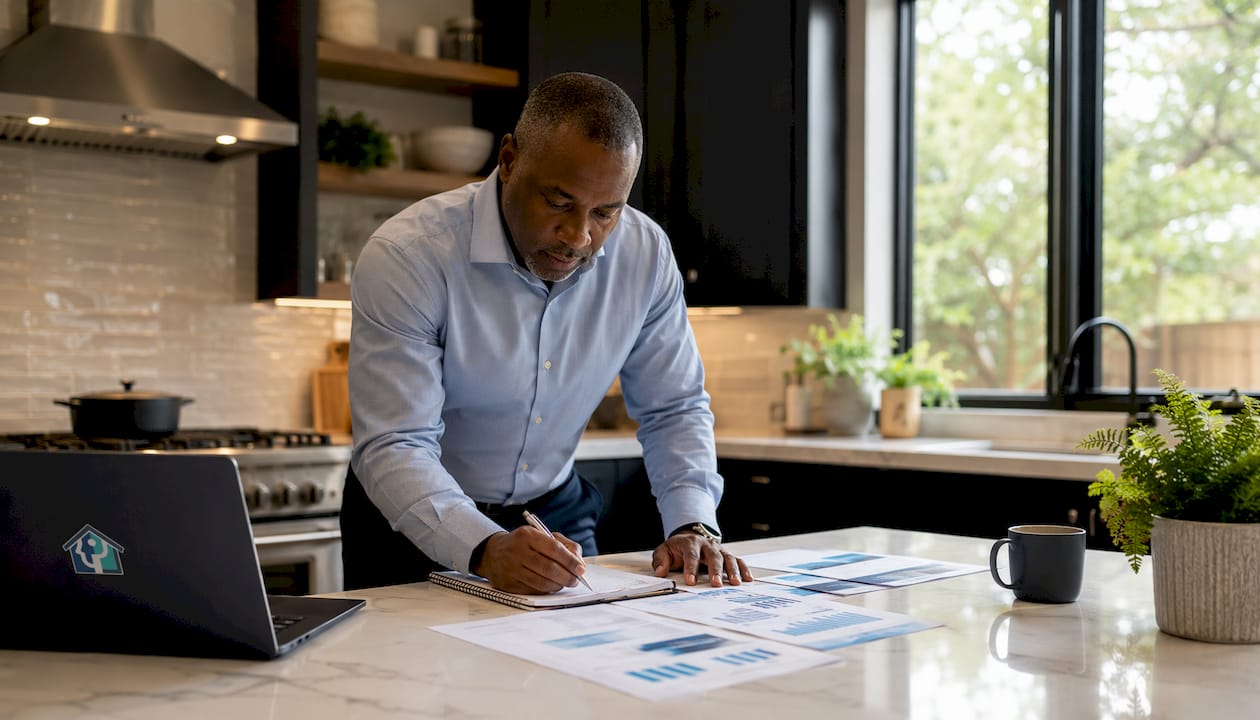 Investor reviewing rental property documents at desk