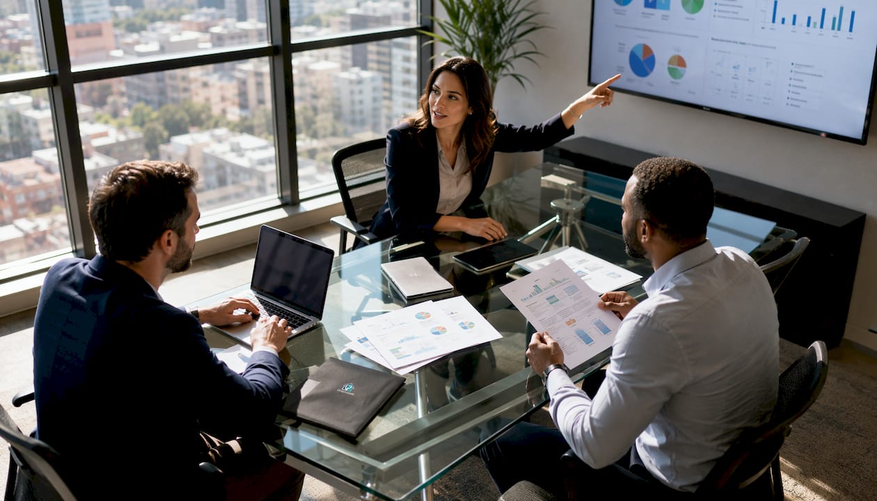 Team discussing rental property classifications in office