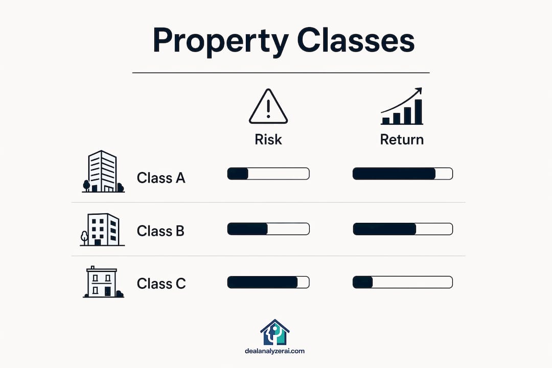 Infographic outlining Class A, B, C property risk and return characteristics