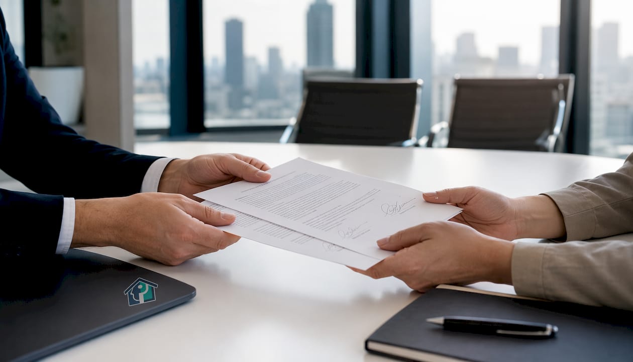 Hands exchanging signed real estate documents