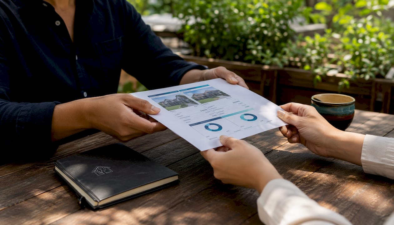 Hands exchanging paired sales analysis documents