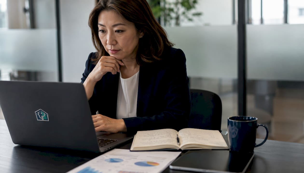 Investor engaging with deal screening software at desk
