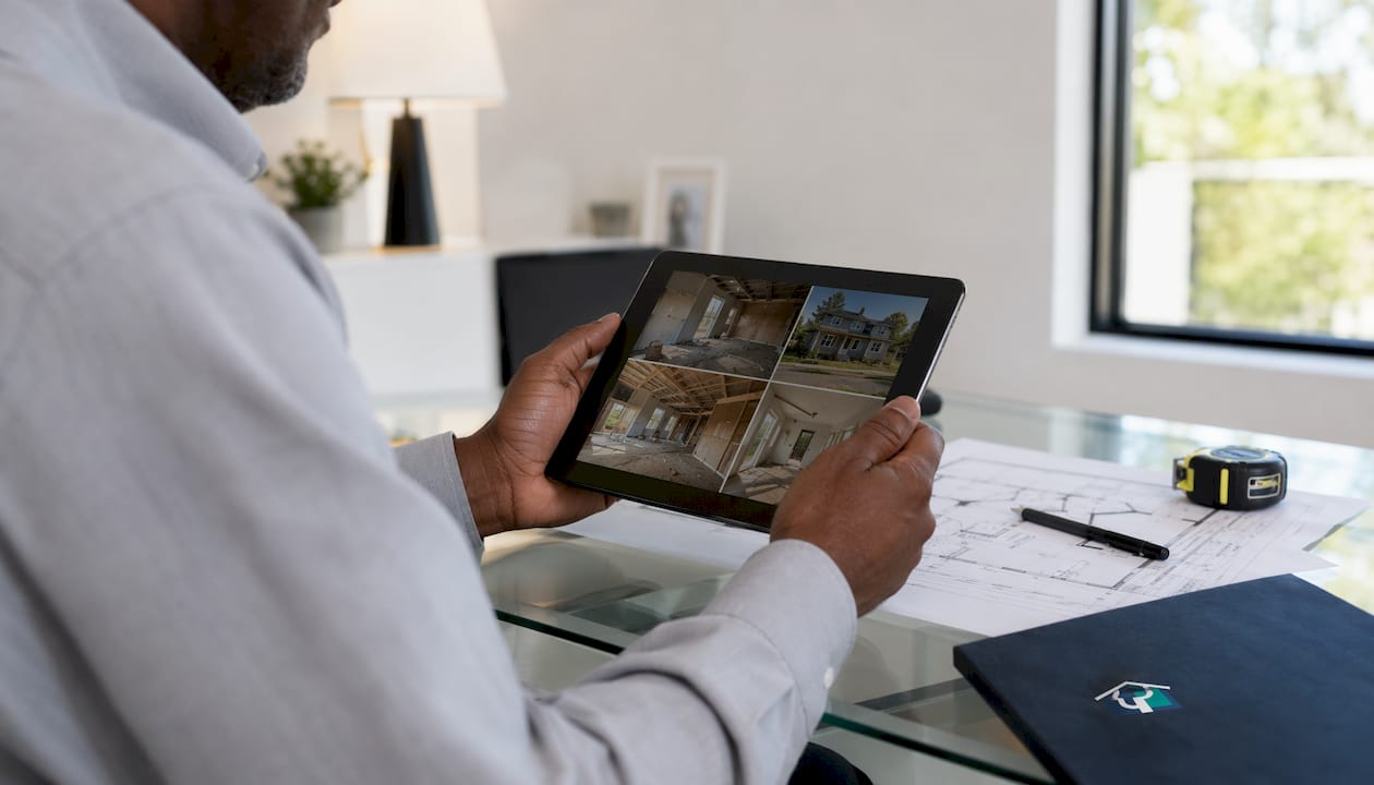 Hands analyzing property photos on tablet for rehab estimate