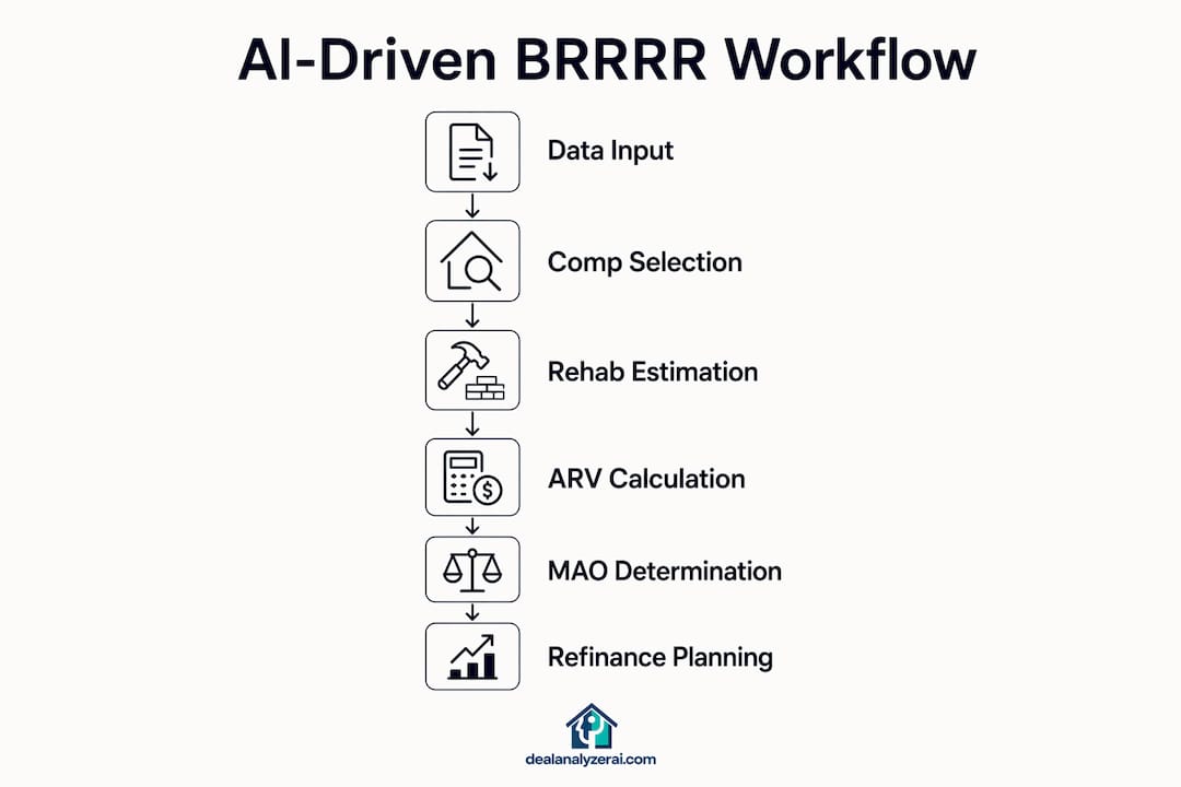 Infographic showing AI-driven BRRRR investment workflow steps