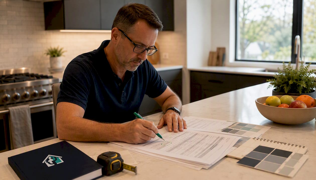 Hands marking rehab cost worksheet on table
