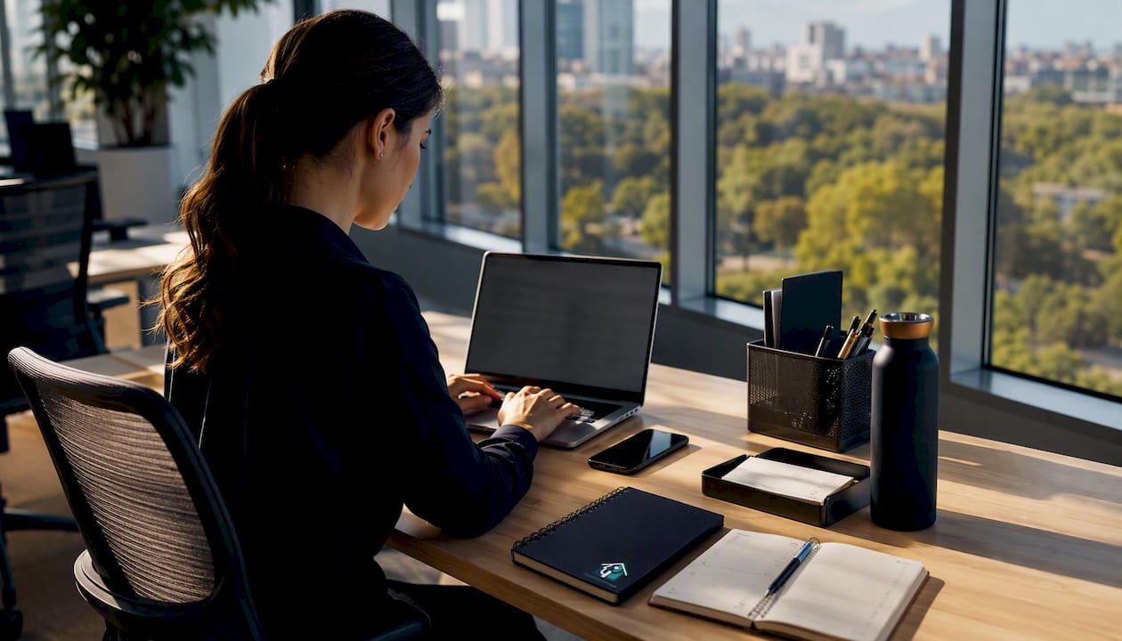 Analyst reviewing property scores at desk