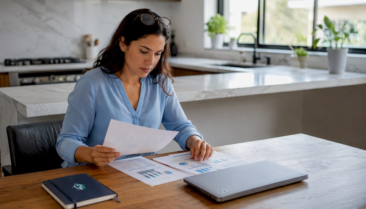 Hands typing on laptop with real estate metrics