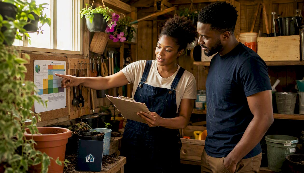 Couple reviewing preventive maintenance checklist in utility room