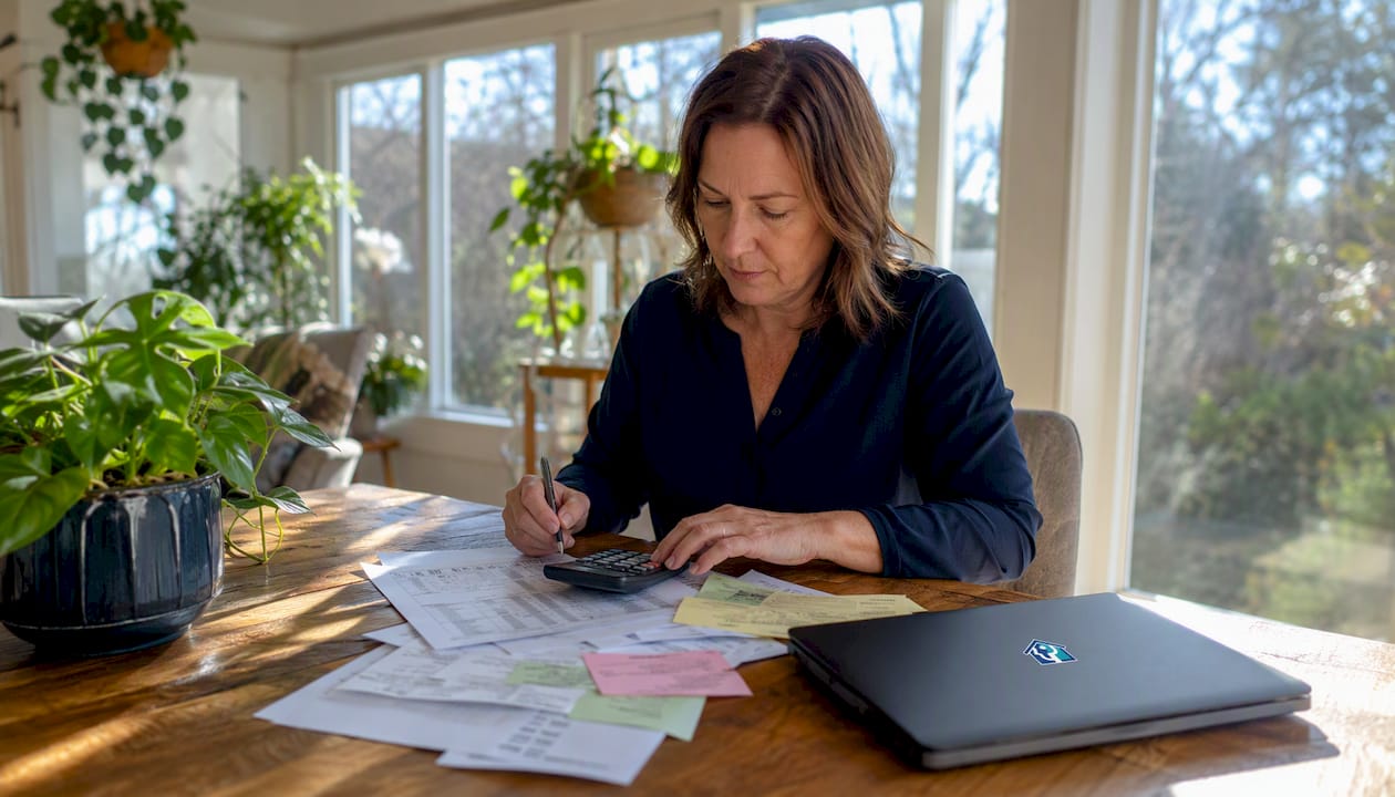 Woman calculating rental maintenance budget at desk