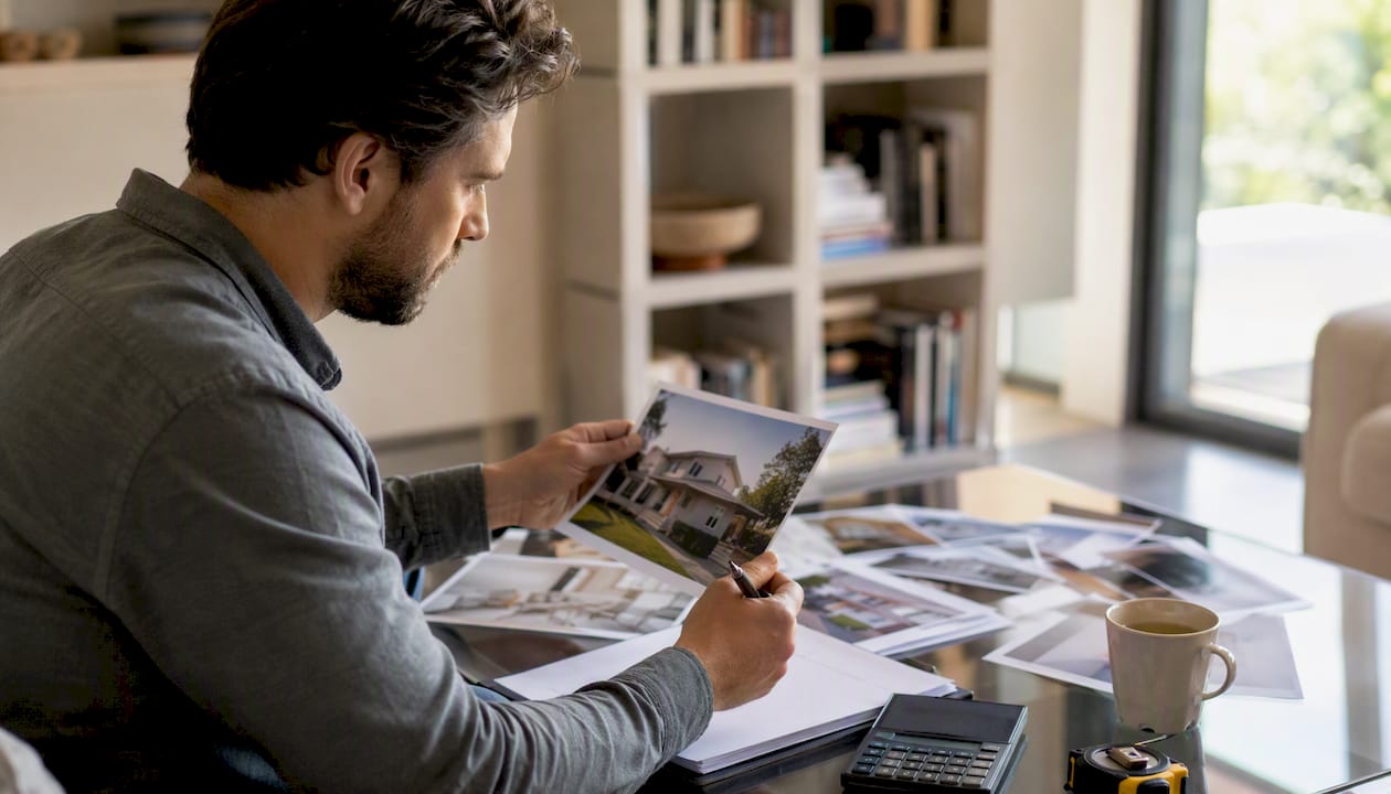 Investor reviewing property photos and notes