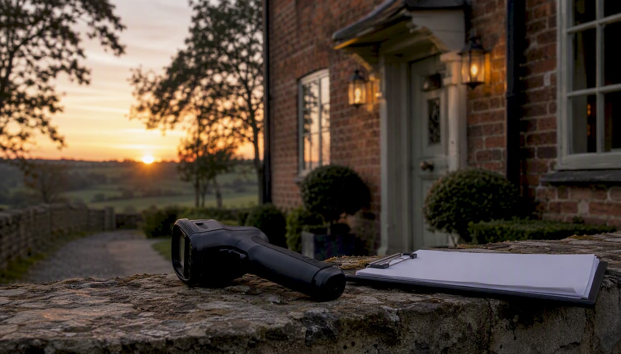 Close-up of property inspection tools by rental house exterior