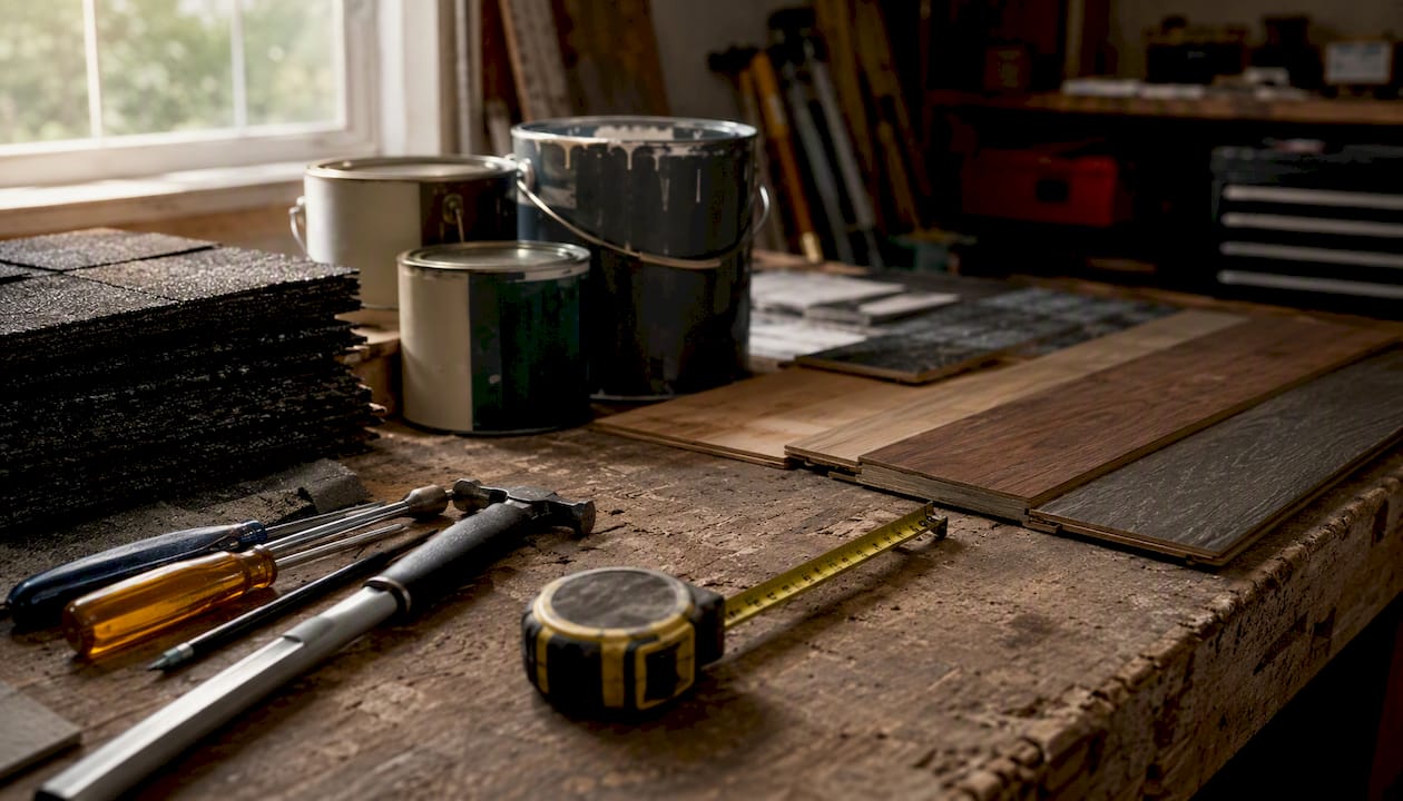 Repair tools and materials on workbench for home rehab